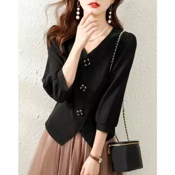 Дизайнерская рубашка Sense Niche для женщин на весну с рукавами три четверти и V-образным вырезом, стильный черный топ с утягивающей талией, футболки для женщин S