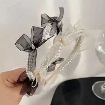 Дизайнерская сетчатая повязка на голову с бантом французская ретро-черно-белая заколка для волос с жемчугом обруч для волос держатель женские аксессуары для волос чёрный