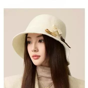 Дизайнерская шерстяная шапка-рыбак для женщин, зимняя, теплая, роскошная, с небольшой фетровой шляпой, корейская шляпа-тазик с бантом M56-58cm чёрный