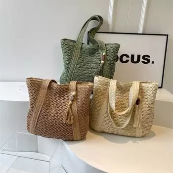 Дизайнерская сумка через плечо для женщин, сумка для покупок ручной работы большой вместимости с подвеской-кисточкой, летняя сумка 43x39x7cm зелёный