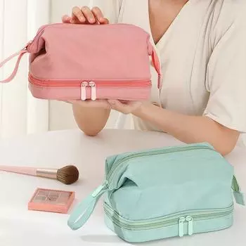 Дизайнерская сумка для мытья с большим отверстием, двухслойная косметичка с отделением для влажной и сухой транспортировки, портативный органайзер для макияжа для мужчин и женщин, сумка для хранения розовый