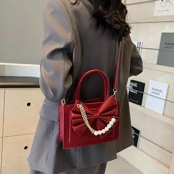 Дизайнерская сумка-тоут Sense Bow Chain Tote для женщин, новая модная жемчужная свадебная сумка, популярная винно-красная сумка через плечо, повседневная маленькая квадратная сумка