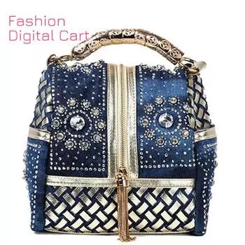 Дизайнерская тканая женская сумка Известный бренд со стразами Сумка на плечо Роскошные сумки Джинсовая сумка золотой