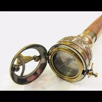 Дизайнерская трость - солнечные часы с компасом на вершине спиральной веревки, деревянная ходьба 36 Inch коричневый