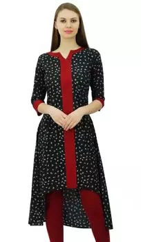 Дизайнерская туника Phagun с принтом, этническая индийская курта, асимметричная хлопковая курта 10 чёрный