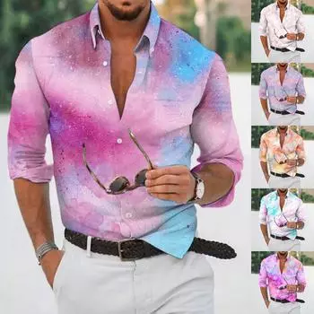 Дизайнерская весна-лето мужская повседневная 3D-хэллоуинская печать Гавайская рубашка Блузка Рубашки с длинным рукавом L циан