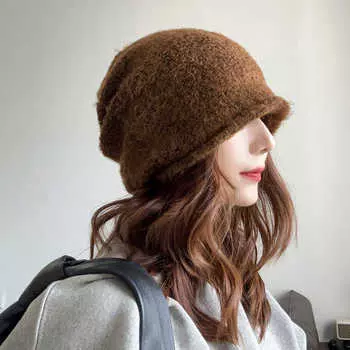 Дизайнерская вязаная круглая шапка для волос, однотонная, женская, осенне-зимняя, баотоу, защитная шапка для ушей, завивка, шерстяная, универсальная M54-59cm бежевый