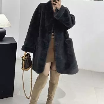 Дизайнерская женская одежда искусственная норковая шуба экологически чистый мех длинный свободный и тонкий большой размер One Size чёрный