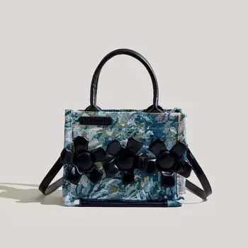 Дизайнерская женская сумка, летняя, новая, с цветочным украшением, холщовая сумка, французская, элегантная, универсальная, модная, из искусственной кожи, сумка через плечо (20cm<Max Length<30cm)