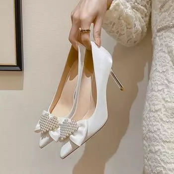 Дизайнерские атласные туфли-лодочки с жемчугом и сердцем, женские туфли на высоком каблуке-шпильке, сексуальные вечерние платья с острым носком, белые свадебные туфли для невесты 41 вино красного