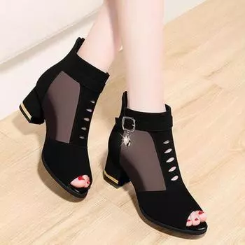 Дизайнерские босоножки с открытым носком, женские ботильоны на танкетке из сетчатого материала, дышащие, 2024, новые весенне-летние женские туфли с острым носком на высоком каблуке 35 чёрный