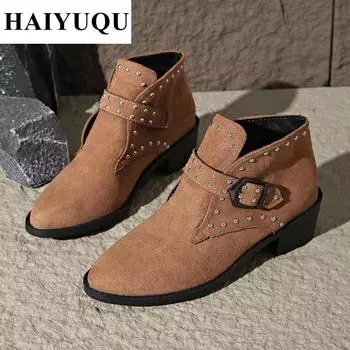 Дизайнерские ботильоны Зимние женские замшевые туфли на среднем каблуке Новые трендовые массивные ботинки челси Готические модные туфли-лодочки Зимние ботинки женские 36