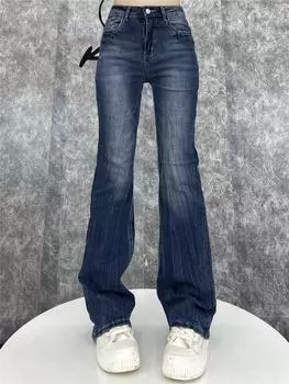 Дизайнерские джинсы Sense Retro Micro Trumpet, женские винтажные брюки 2000-х годов, новые узкие брюки с высокой талией, модные эластичные узкие брюки-швабры, уличная одежда S синий