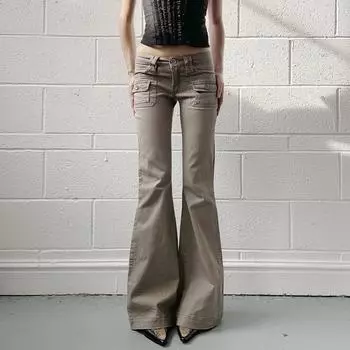 Дизайнерские карманные узкие женские джинсы Spice Girls Street Fashion в стиле ретро с низкой талией и повседневными расклешенными джинсами S хаки