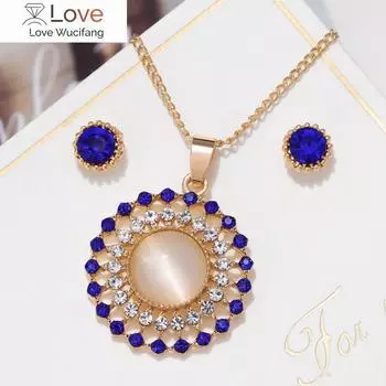 Дизайнерские круглые опаловые ювелирные наборы ожерелье серьги комплект для женщин золотой цвет полые круглые подвески хрустальные серьги-гвоздики