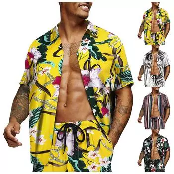 Дизайнерские летние новые мужские рубашки с коротким рукавом с отворотом и принтом, свободные повседневные рубашки для отдыха, Гавайский пляж M зелёный