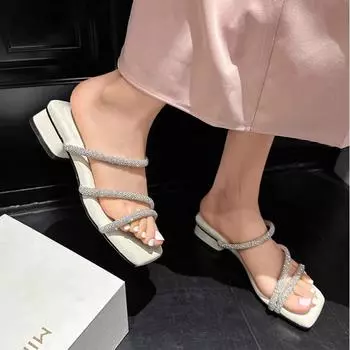 Дизайнерские летние женские тапочки с открытым носком, модные шлепанцы с узкой полосой и кристаллами, повседневные офисные женские сандалии на открытом воздухе Size 35(foot 22.5cm) фиолетовый
