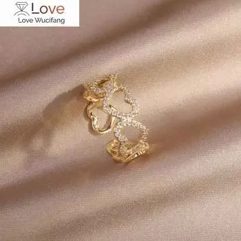 Дизайнерские модные ювелирные изделия 14-каратное настоящее золотое гальваническое полое кольцо с цирконием Love, элегантное женское открывающееся регулируемое кольцо Resizable белый