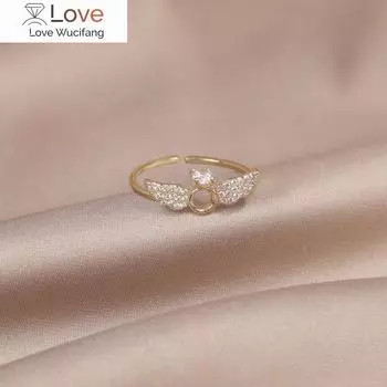 Дизайнерские модные ювелирные изделия, 14-каратное настоящее золотое покрытие, изысканное кольцо с крыльями ангела и цирконием, элегантные женские аксессуары для выпускного вечера Resizable белый