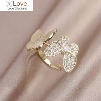 Дизайнерские модные ювелирные изделия 14-каратное настоящее золотое покрытие двойное кольцо с бабочкой и цирконом, опалом, элегантные женские открывающиеся регулируемые выпускные кольца Resizable белый