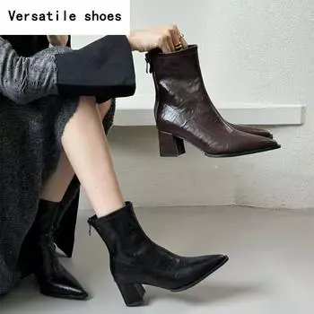 Дизайнерские мягкие кожаные женские ботильоны, сексуальные короткие ботильоны с острым носком, туфли для стриптиза на квадратном каблуке 35