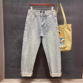 Дизайнерские мужские джинсы весна/лето с рваными широкими штанинами из жаккарда в стиле ретро 30 светло-синий