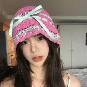 Дизайнерские нишевые шапки ручной работы для женщин, тяжелая промышленность, модные женские шапки для путешествий и весны, универсальные вязаные шапки-ведра с кружевом и бантом 56-58cm белый