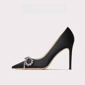 Дизайнерские осенние туфли-лодочки с острым носком, неглубоким вырезом, шелковой поверхностью, хрустальным бантом, на тонком высоком каблуке, банкетные, женские туфли 35