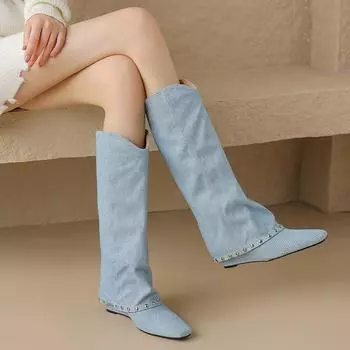 Дизайнерские панк-сапоги в стиле вестерн, брюки, сапоги, заклепки, танкетка, ковбойские сапоги до колена, кожаные женские туфли больших размеров 34-42 6