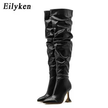 Дизайнерские плиссированные кожаные сапоги выше колена Eilyken, модная подиумная пикантная женская обувь на высоком каблуке с острым носком на молнии 35 белый