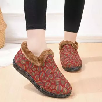 Дизайнерские плюшевые хлопковые туфли 2024 года, зимние новые плоские утолщенные теплые принтованные хлопковые туфли для женщин Zapatillas De Mujer 36 красный