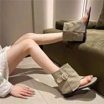 Дизайнерские сандалии женские 2024 новые модные туфли с открытым носком на плоской подошве сандалии уличные ретро высокие женские гладиаторские туфли 35 чёрный