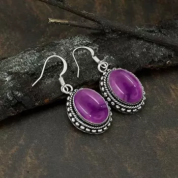 Дизайнерские серьги ручной работы с драгоценным камнем аметист, серьги с подвесками, серьги с камнем, богемные серьги, серебро 925 пробы