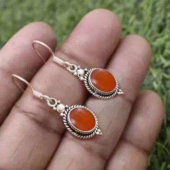 Дизайнерские серьги ручной работы с сердоликом и овальным драгоценным камнем, подарок для нее, подарок на день рождения, серьги в стиле бохо, свадебные подарки, серьги из серебра 925 пробы