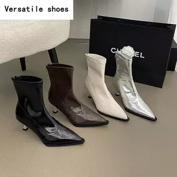 Дизайнерские серебристые женские ботильоны, модные элегантные туфли на молнии, осенне-зимние туфли на высоком каблуке, эластичные современные короткие ботильоны 35