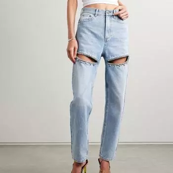 Дизайнерские широкие джинсы с высокой талией. Модные универсальные полые прямые брюки с ромбовидными заклепками. XL чёрный