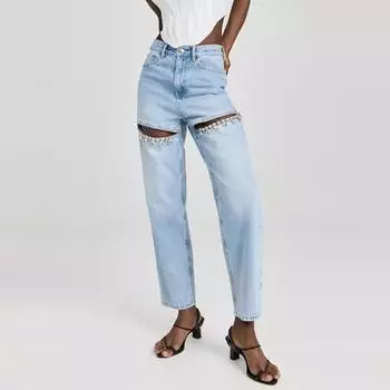 Дизайнерские широкие джинсы с высокой талией. Модные универсальные полые прямые брюки с ромбовидными заклепками. XL чёрный