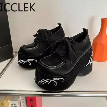 Дизайнерские туфли-лодочки, женская обувь в британском стиле, модная обувь на высокой платформе и толстой подошве, женская обувь в студенческом стиле Size 35(foot 22.5cm) чёрный