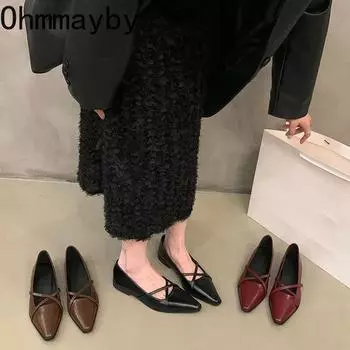 Дизайнерские туфли Мэри Джейн с острым носком для женщин Модные туфли без застежек на неглубоких каблуках Весна Осень Элегантные туфли на плоской подошве для свадебной вечеринки 35 коричневый