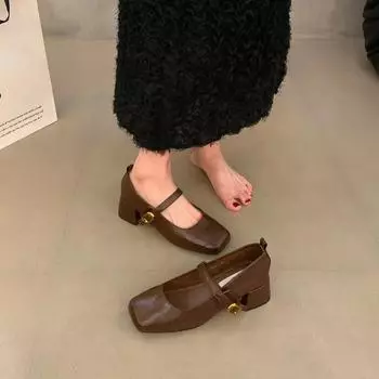 Дизайнерские туфли Мэри Джейн в стиле ретро на толстом каблуке с квадратным носком, модные туфли из искусственной кожи на плоской подошве, удобные женские туфли-лодочки для офиса 35