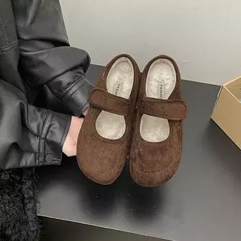 Дизайнерские Винтажные Теплые Женские Туфли Мэри Джейн Модные Мелкие Балетки Лаконичные Мягкая Подошва Хлопковые Туфли 35 кофейный