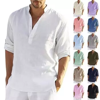 Дизайнерские весенне-летние мужские повседневные хлопковые льняные рубашки с длинным рукавом, свободные рубашки XL синий