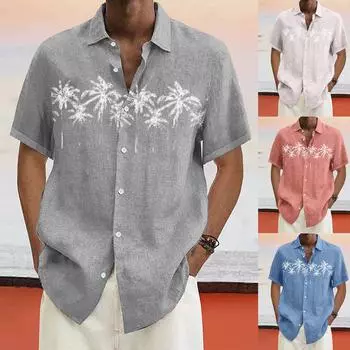 Дизайнерские весенне-летние мужские повседневные хлопковые льняные рубашки с коротким рукавом, свободные рубашки L синий