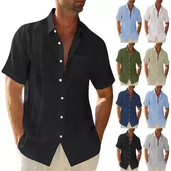 Дизайнерские весенне-летние мужские повседневные хлопковые льняные рубашки с коротким рукавом, свободные рубашки XXXL бежевый