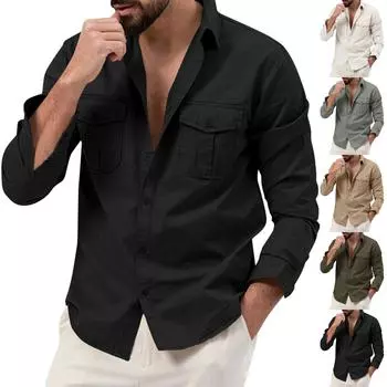 Дизайнерские весенне-летние мужские повседневные хлопковые льняные рубашки с длинным рукавом, свободные рубашки L армия зеленый