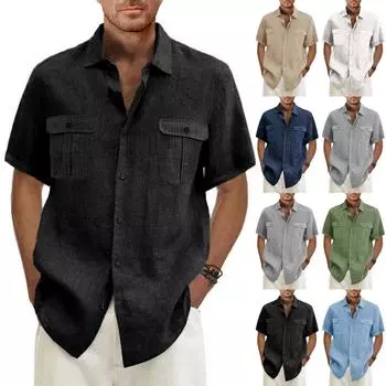 Дизайнерские весенне-летние мужские повседневные хлопковые льняные рубашки с коротким рукавом, свободные рубашки L