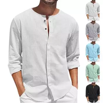 Дизайнерские весенне-летние мужские повседневные хлопковые льняные рубашки с длинным рукавом, свободные рубашки L чёрный