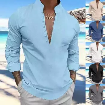 Дизайнерские весенне-летние мужские повседневные хлопковые льняные рубашки с длинным рукавом, свободные рубашки L бежевый