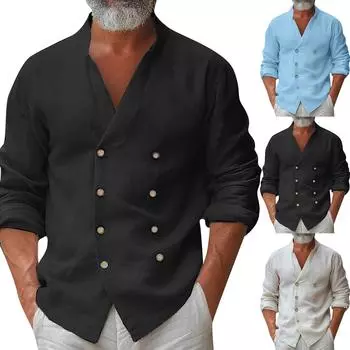 Дизайнерские весенне-летние мужские повседневные хлопковые льняные рубашки с длинным рукавом, свободные рубашки L чёрный