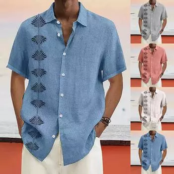 Дизайнерские весенне-летние мужские повседневные хлопковые льняные рубашки с коротким рукавом, свободные рубашки L розовый